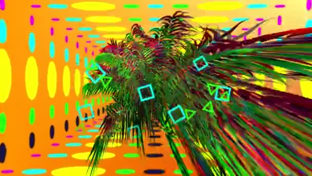 Digitální Animace Barevného Palmového Stromu Obdélníkovým Tunelem Barevným Kroužkovým Vzorkem — Stock video