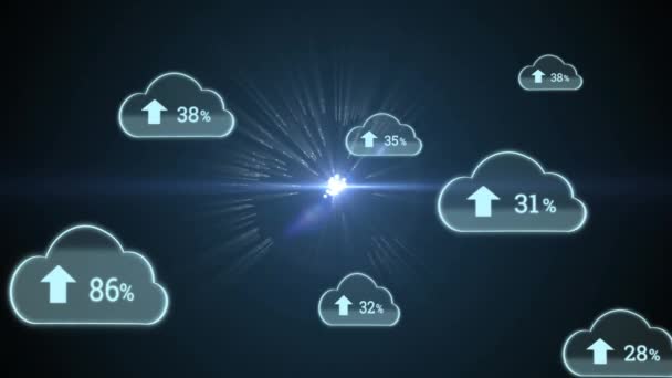 Цифрова Анімація Прогресу Вивантаження Хмарах Екрані Тлом Глобуса Обертається Світяться — стокове відео