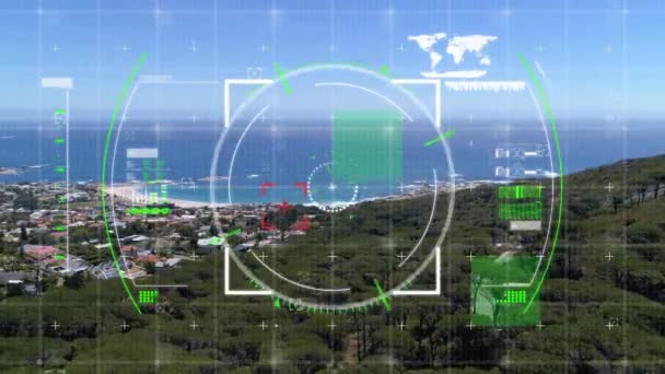 Animation numérique d'un viseur numérique avec vue sur une ville près de l'océan 
