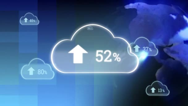 Animação Digital Porcentagem Progresso Upload Nuvens Com Fundo Globo Girando — Vídeo de Stock