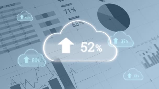 Animation numérique du pourcentage de progression du téléchargement dans les nuages avec arrière-plan de différents graphiques se déplaçant à l'écran 