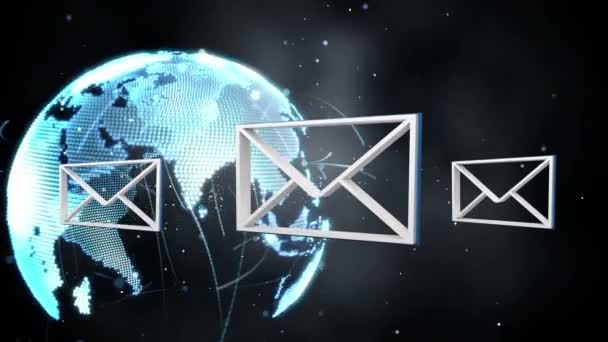 Animação Digital Envelope Contexto Globo Que Gira Com Linhas Brilhantes — Vídeo de Stock