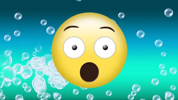 Digital Animation Surprised Emoji While Bubbles Float Background Blue Gradient — Stock Video