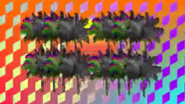 Renkli Tek Renkli Palmiye Ağaçları Dijital Animasyon Elmas Desenleri Ortasında — Stok video