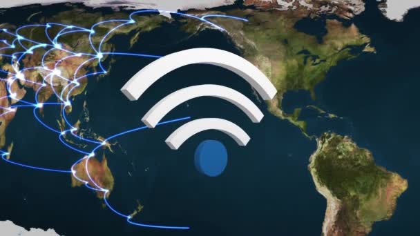 輝く線で世界地図の背景を持つWifiシンボルのデジタル生成アニメーション — ストック動画