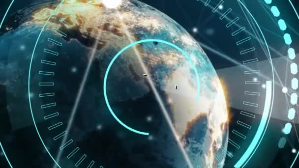 地球の回転と値を持つ非対称線の背景を持つ5Gの周りを移動する未来的な円のデジタルアニメーション — ストック動画
