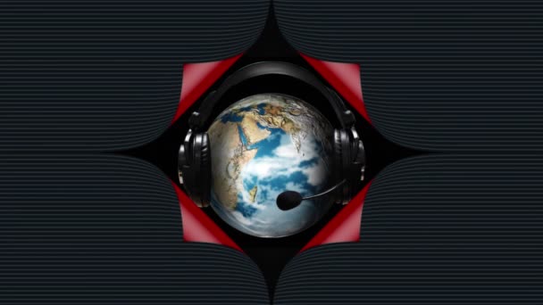 佩戴耳机时旋转的地球仪的数字动画 — 图库视频影像