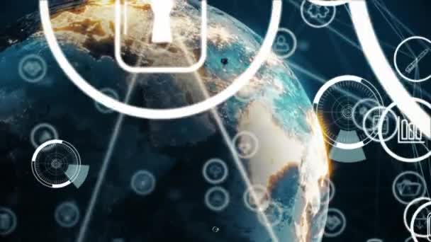 Digital Animation Futuristic Circles Moving Background Globe Rotating While Surrounded — Stock Video
