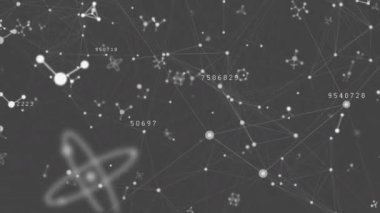 Dijital animasyon molekül modelleri ve asimetrik çizgiler gri arka planda hareket