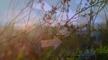 Gün batımı sırasında bir alan görünümü ile ekranda hareketli oklar dijital animasyon