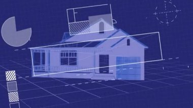 Mavi arka plana karşı ev dönen geometrik figürlerin dijital animasyonu