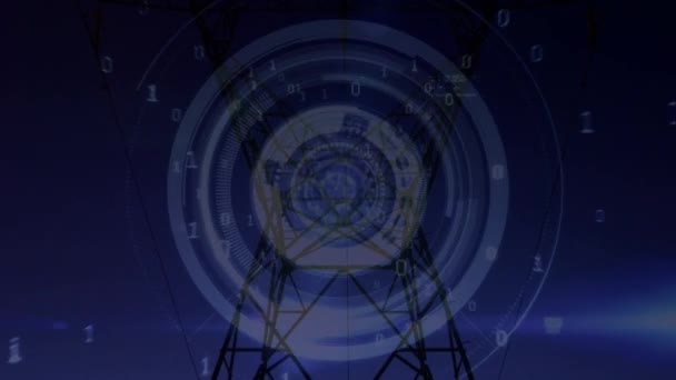 未来派圆圈和二进制代码的数字动画在屏幕上移动 在日落时带电线塔的背景 — 图库视频影像