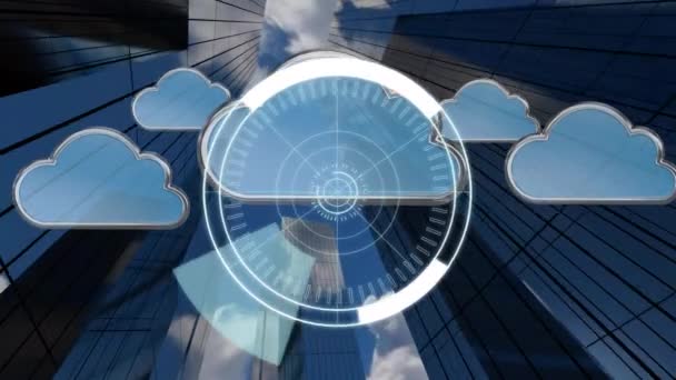 Animation numérique de cercles futuristes se déplaçant autour de la 5G avec fond de nuages numériques et de bâtiments 