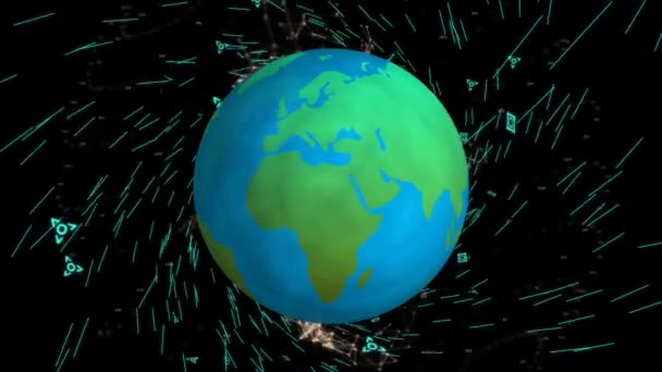 銀河の背景と画面のズームインとズームアウトの光る図形で回転する地球のデジタル アニメーション — ストック動画