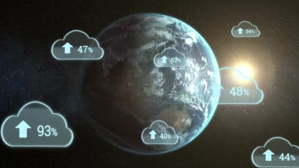 Cyfrowa Animacja Przesyłania Odsetek Postępów Chmurach Tłem Globu Obracającego Się — Wideo stockowe