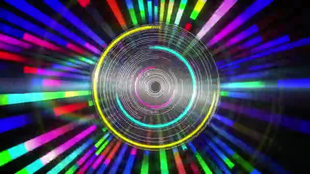 Digital Animation Colorful Blinking Diagonal Lines Spinning Circle Black Background — Stock Video