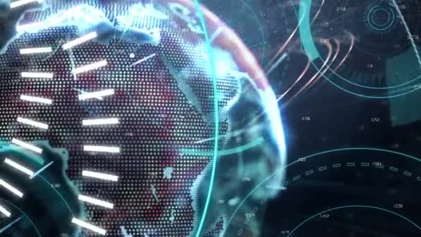 地球の回転の背景を持つ未来的な円の真ん中に書かれた5Gのデジタルアニメーション — ストック動画