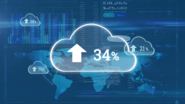 Animation numérique du pourcentage de progression des téléchargements dans les nuages avec fond d'interface avec carte du monde et graphiques 