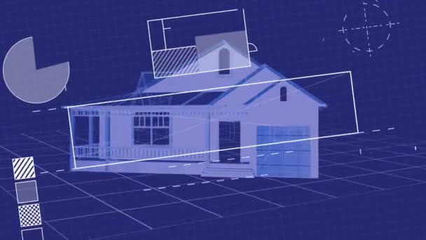 Digitální animace geometrických postav s domem otočící se na modrém pozadí