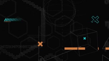 Matematiksel denklemler ve geometrik şekiller siyah arka plan yakınlaştırma ise çapraz ve dikdörtgen şekillerin ekranda hareket dijital animasyon