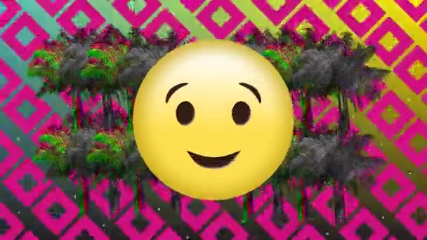 Digital Animation Winking Emoji Front Palm Trees Moving Screen Background — Stock Video