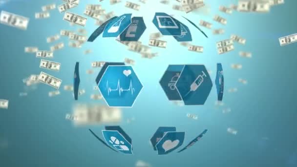 青い背景に紙幣が上がって球状に回転する医療アイコンのデジタルアニメーション — ストック動画