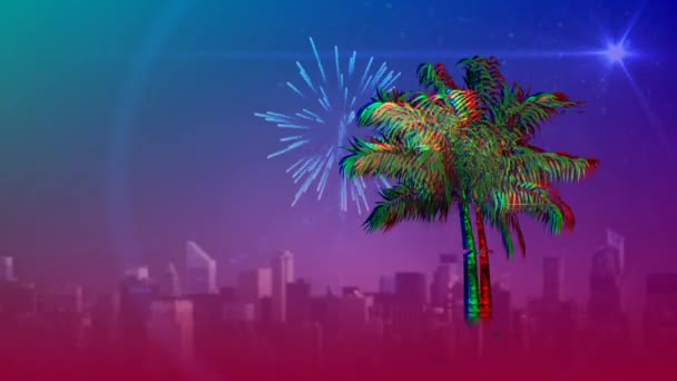 Digital Animation Colorful Palm Tree Moving Screen While Fireworks Explode — Stock Video