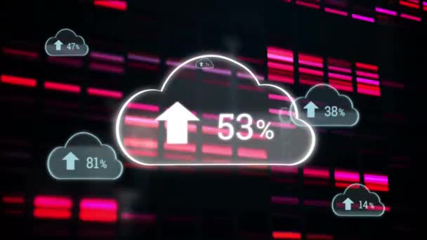 云中上传进度百分比的数字动画 背景为五颜六色的遗传条形码和核苷酸 — 图库视频影像