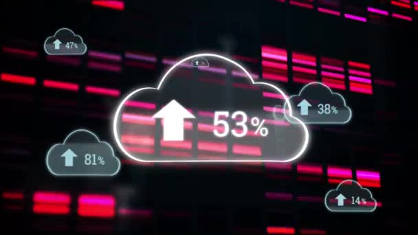 Animazione Digitale Upload Percentuale Progresso Nuvole Con Sfondo Codici Barre — Video Stock