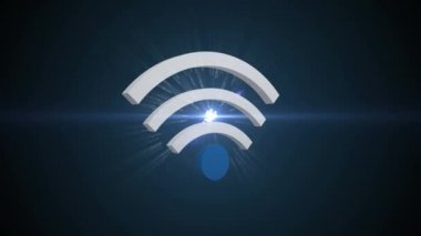 Parlayan ışıklarla dönen dünya arka planıyla ekranda hareket eden bir Wifi sembolünün dijital animasyonu