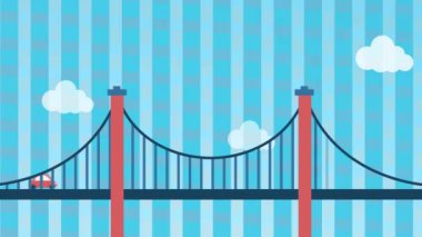 Arabalar ve bulutlar ve mavi dikey çizgilerin arka planı ile bir köprünün dijital olarak oluşturulmuş animasyonu