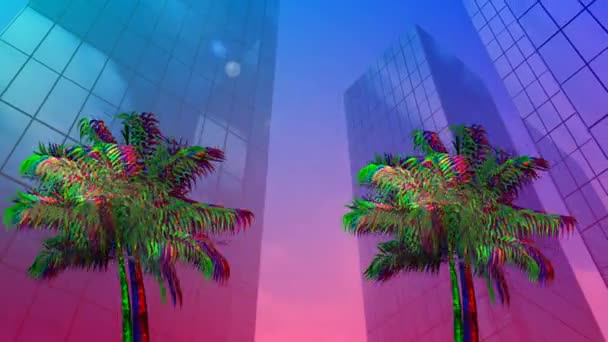 Digital Animation Colorful Palm Trees Moving Screen Background Buildings View — Stock Video