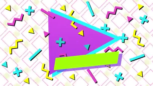 正方形のパターンの背景を持つ画面内を移動するパステル形状のデジタルアニメーション — ストック動画