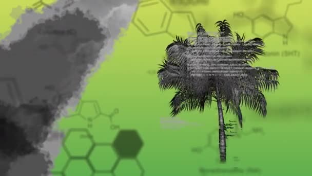 灰色和红色水彩传播的数字动画 一棵棕榈树在屏幕上移动 带有化学结构背景 — 图库视频影像