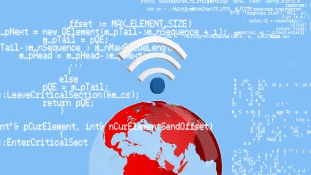 当程序代码在前景中移动时 全球旋转的 Wifi 符号的数字动画 — 图库视频影像