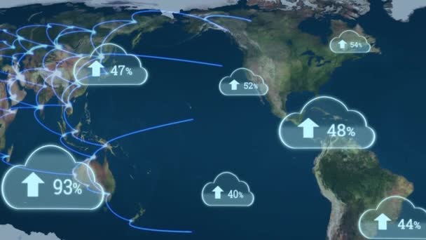 輝く線で世界地図の背景を持つ画面にアップロード進行雲のデジタルアニメーション — ストック動画