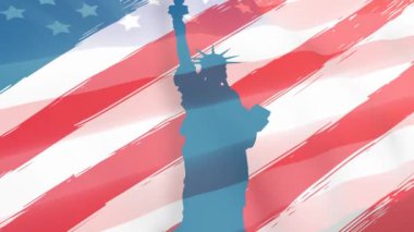 Arka planda Amerikan bayrağını gösterirken, özgürlük heykelinin siluetinin dijital animasyonu merkeze yerleştirilir