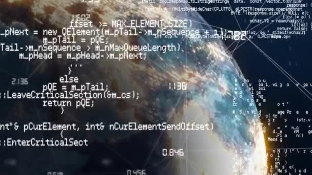 배경이 지구의 배경을 표시하는 화면으로 숫자와 프로그램 코드와 비대칭 라인의 — 비디오
