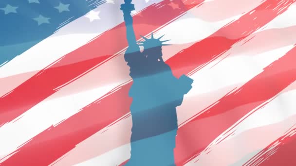 Цифровая Анимация Силуэта Статуи Свободы Размещенной Центре Фоне Американского Флага — стоковое видео