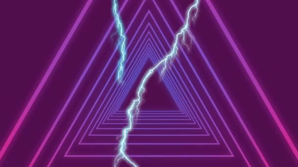 Digital Animation Lightning Moving Screen While Purple Futuristic Triangle Moves — Stock Video