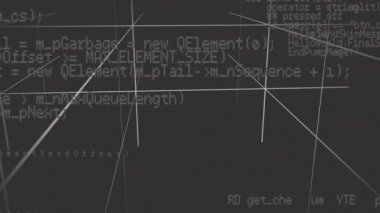 Küp desenlerinin gri arka planıyla ekranda hareket eden program kodlarının dijital animasyonu