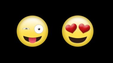 Siyah bir arka plan karşı göz kırparak yüz emoji ve kalp gözleri emoji dijital animasyon