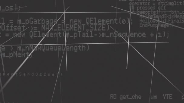 キューブパターンの灰色の背景を持つ画面内を移動するプログラムコードのデジタルアニメーション — ストック動画