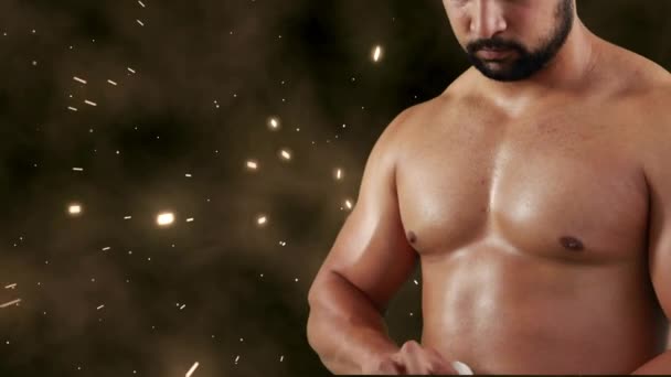 運動体を持つ裸の中東の男性のデジタルコンポジットは 光る光で暗い背景で手を包む — ストック動画