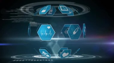 Dna çift sarkaçlı fütüristik dairenin spherik olarak döndürülmesi ve arka planı düzenlenmiş tıbbi ikonların dijital animasyonu