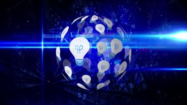 Digital Animation Light Bulb Arranged Sphere Rotating Background Glowing Binary — Stock Video