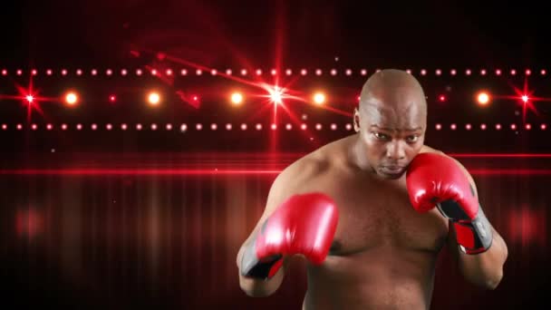 Цифровий Композит Афро Американського Боксера Фоном Світяться Вогнів — стокове відео