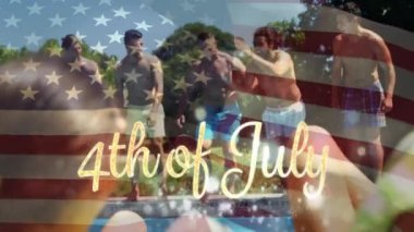 Amerikan bayrağı arka planda dalgalar ise havuzda atlama çeşitli erkek grubunun dijital kompozit. Altın 4 Temmuz metin görünür.