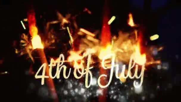 7月4日黄金文本的数字动画出现 同时点燃的火花在黑暗的背景闪烁 — 图库视频影像