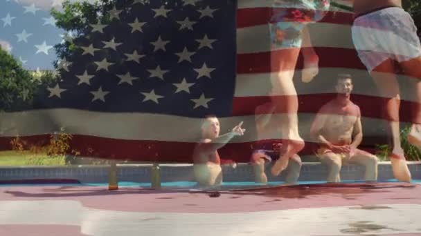 Composto Digital Grupo Amigos Diversos Comemorando Uma Piscina Dois Pulou — Vídeo de Stock